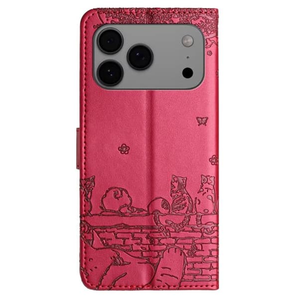 iPhone 18 Pro / iPhone 17 Pro Skal läderfodral med kattprägling och rem Röd