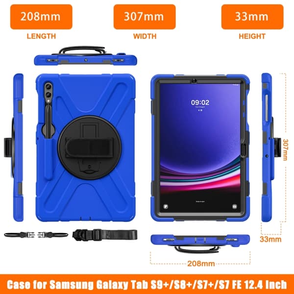Samsung Galaxy Tab S9+/S8+ Rotationshandtag TPU + PC Tabletfodral Blå