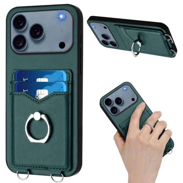 iPhone 18 Pro / iPhone 17 Pro Skal med Korsa Rep Ring och Kortfack Grön