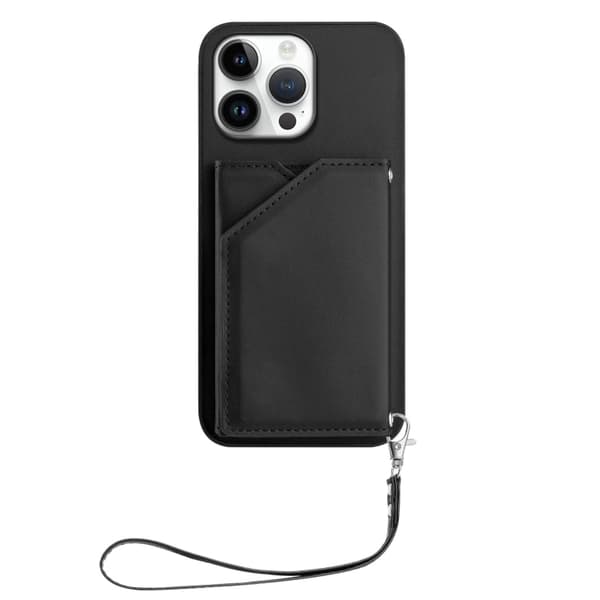 iPhone 16 Pro Max Skal med Fyra Kortfack och Handledsrem Svart