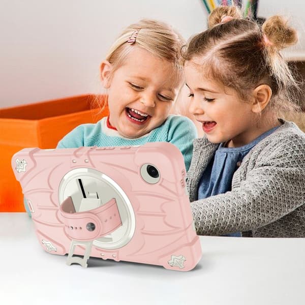 Samsung Galaxy Tab A9 / A11 Bat Hand Grip Ställ Rosa Vit