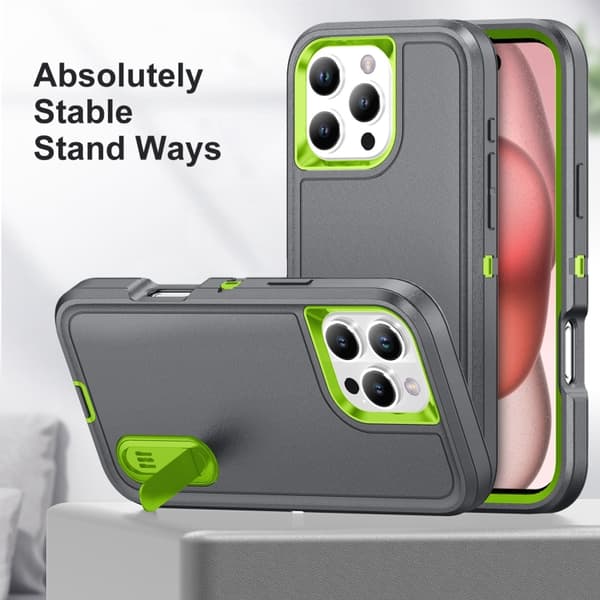 iPhone 16 Pro Rugged Skal PC + Silikon med Hållare Grå & Frisk Grön
