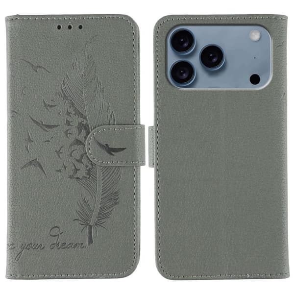 iPhone 17 Pro Skal läderfodral med fjädermönster och litchi-textur Grå