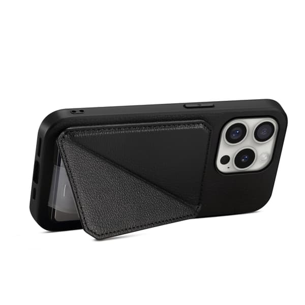 iPhone 16 Pro Max D04 Kalvtextur Dubbelkortshållare Skal Svart