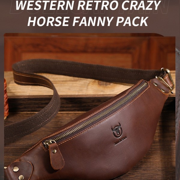 Bull Captain Retro Crazy Horse Läder Herr Midjeväska Axelväska Crossbody Väska Kaffe