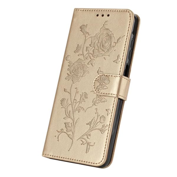 iPhone 18 Pro / iPhone 17 Pro Skal läderfodral med rosblomma präglat mönster Guld