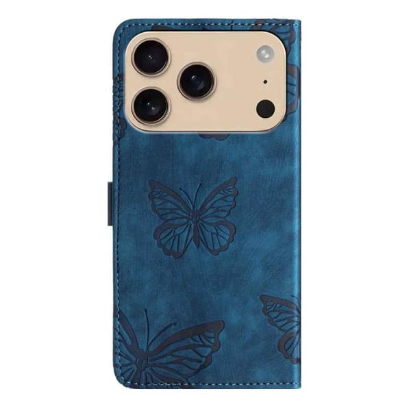 iPhone 17 Pro Skal läderfodral med präglad fjärilsmönster Blå