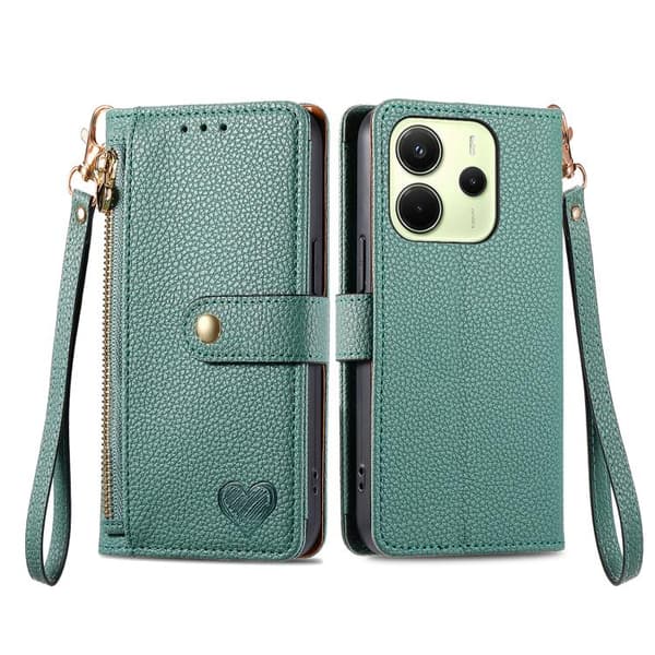 Redmi Note 14 4G - Läderfodral med Kärlek Zipper Lanyard Grön