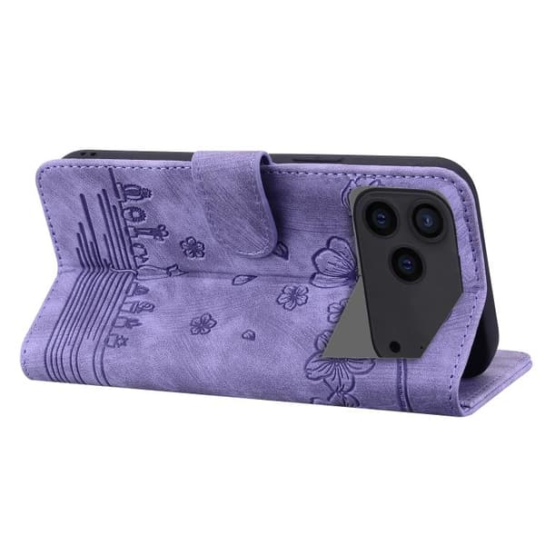iPhone 18 Pro Max / iPhone 17 Pro Max Skal läderfodral med präglad tecknad sakura katt Purpur