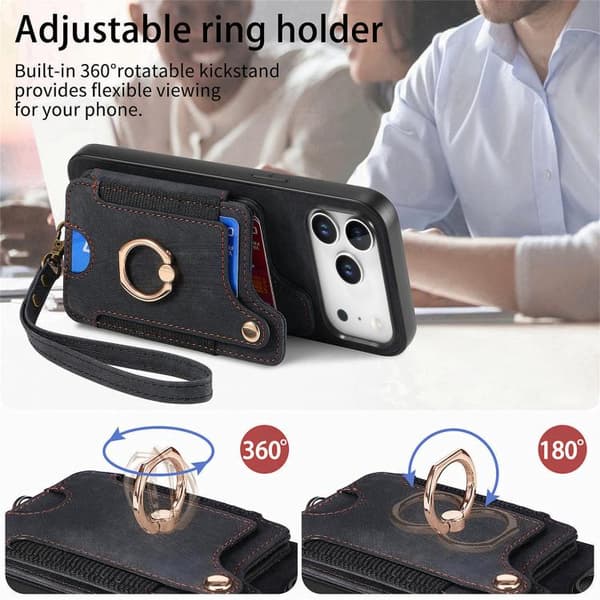 iPhone 17 Pro Retro Skinnkänsla Ring Multi-kort Plånboks Skal Svart