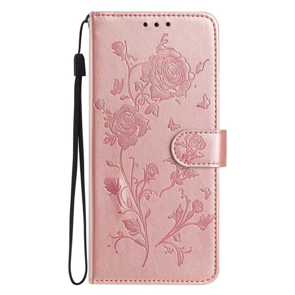 iPhone 18 Pro Max / iPhone 17 Pro Max Skal läderfodral med rosblomma präglad mönster Roséguld