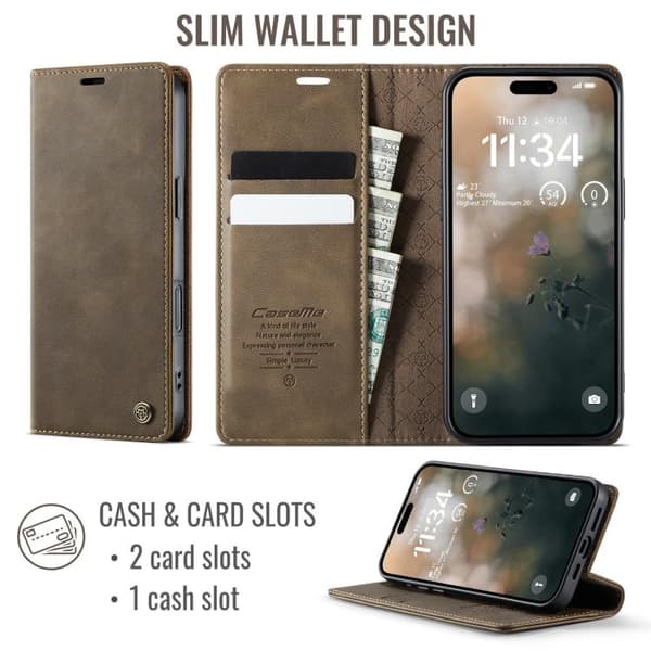 iPhone 18 Pro / iPhone 17 Pro Skal - kalvskinn med mikrofiber och RFID-skydd Kaffe