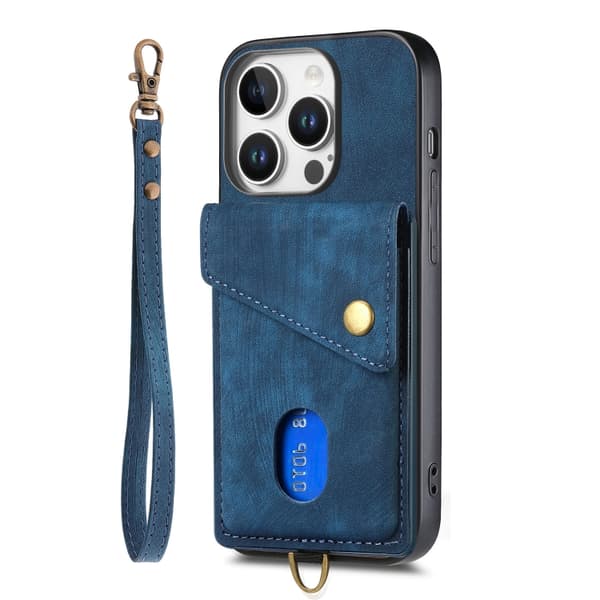 iPhone 16 Pro Max Retro Kortplånbok Fodral Läder med Rem - Skal Blå