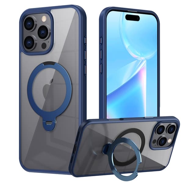 iPhone 16 Pro Transparent MagSafe Magnetisk Rotationsring Skal Blå