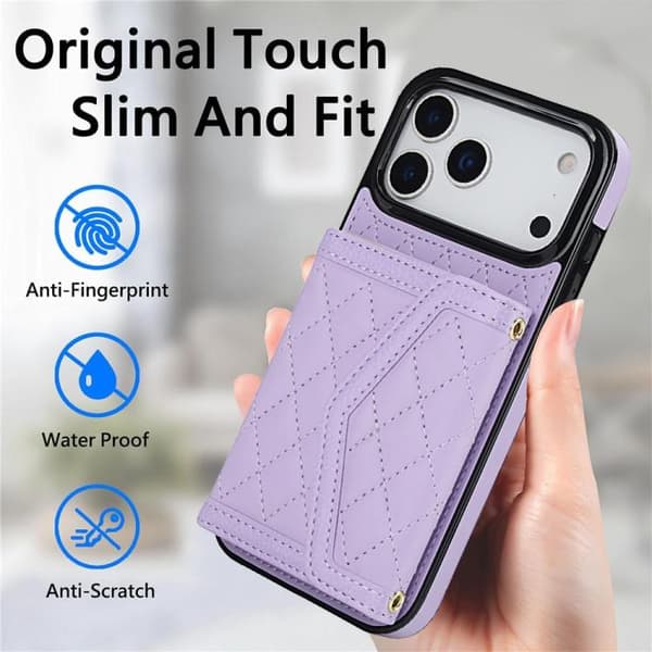 iPhone 18 Pro Max / iPhone 17 Pro Max Skal med Splicing Rhombic Textur och Lång Lanyard Purpur