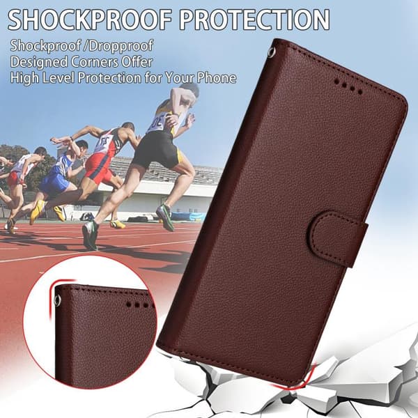 iPhone 18 Pro Max / iPhone 17 Pro Max Skal läderfodral med Litchi-textur och RFID-blockering för 3 kort Brun