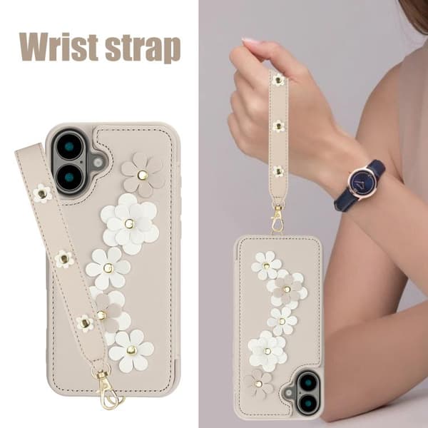 iPhone 17 Skal läderfodral med blommönster Vit