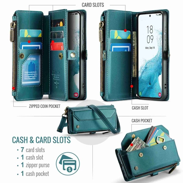 Samsung Galaxy S22 5G Skal CaseMe C36 med kortfack, dragkedja, RFID-skydd, läder Blågrön