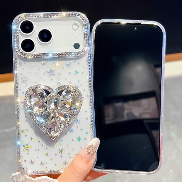 iPhone 17 Skal med Diamant Glittrande Ädelsten Hjärtformad Hållare Vit