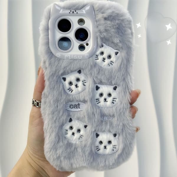 iPhone 16 Pro Max Skal - Plush Söt Katt Full Täckning Silikon Telefonfodral Grå