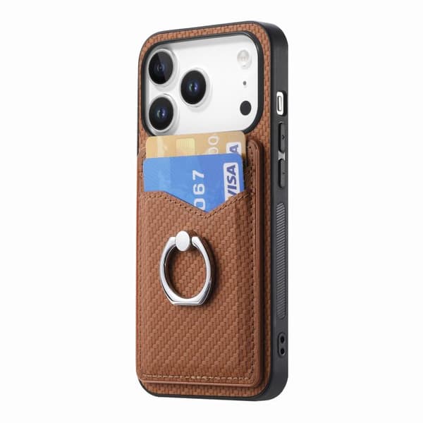 iPhone 18 Pro / iPhone 17 Pro Carbon Fiber Kortplånbok Ring Skal Brun