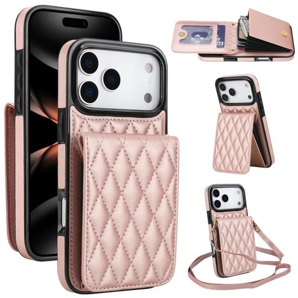 iPhone 18 Pro Max / iPhone 17 Pro Max Skal med RFID och Rhombisk Korthållare Roséguld