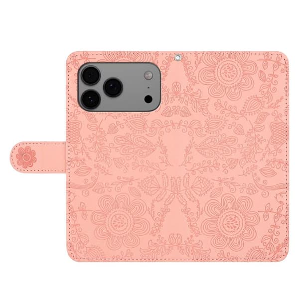 iPhone 17 Pro Skal läderfodral med blommönster - relief Rosa