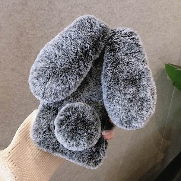 iPhone 16 Pro Max 3D Söt Långörad Kanin Plush Full Coverage Skal Grå