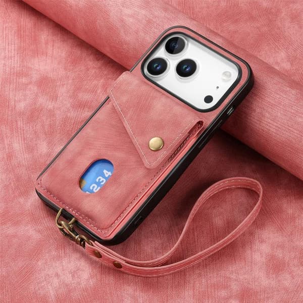 iPhone 18 Pro Max / iPhone 17 Pro Max Skal läderfodral med retro kortficka och rem Rosa