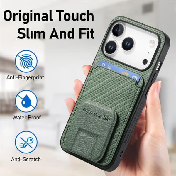 iPhone 18 Pro Max / iPhone 17 Pro Max Skal - Kolfiber med Kortficka och Fällbart Ställ Grön