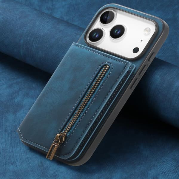 iPhone 18 Pro / iPhone 17 Pro Retro Läder Zipper Skal Blå
