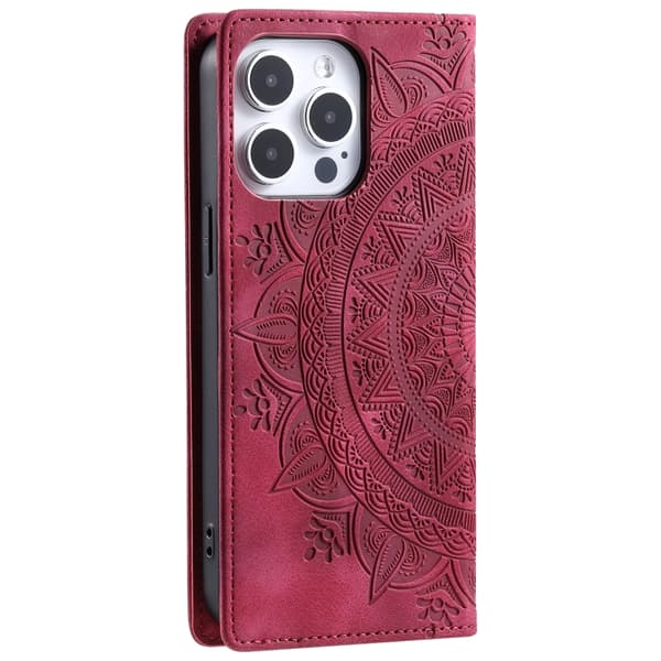 iPhone 16 Pro Totem Prägad Magnetisk Läder Skal - Elegant Fodral för iPhone 16 Pro Röd