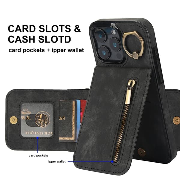 iPhone 16 Pro Max Retro Ring och Zipper RFID Kortfack Skal Svart