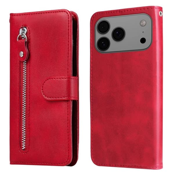 iPhone 18 Pro / iPhone 17 Pro Skal läderfodral - mode med kalvskinnstextur och dragkedja Röd