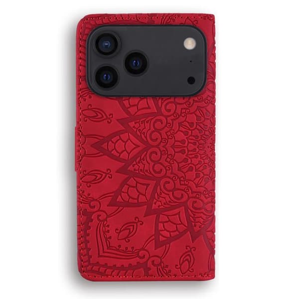 iPhone 18 Pro / iPhone 17 Pro Skal läderfodral med mandala präglad design - dubbelvik Röd