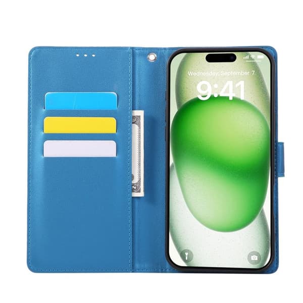 iPhone 17 Pro Skal läderfodral med rosblommor och 3 kortfack Blå