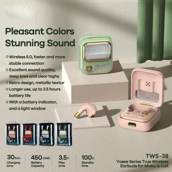 REMAX TWS-38 Yosee Series True Wireless Music Call Bluetooth-hörlurar Rosa
