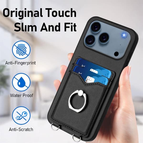 iPhone 18 Pro Max / iPhone 17 Pro Max Skal med Crossbody Rep Ring och Kortfack Svart