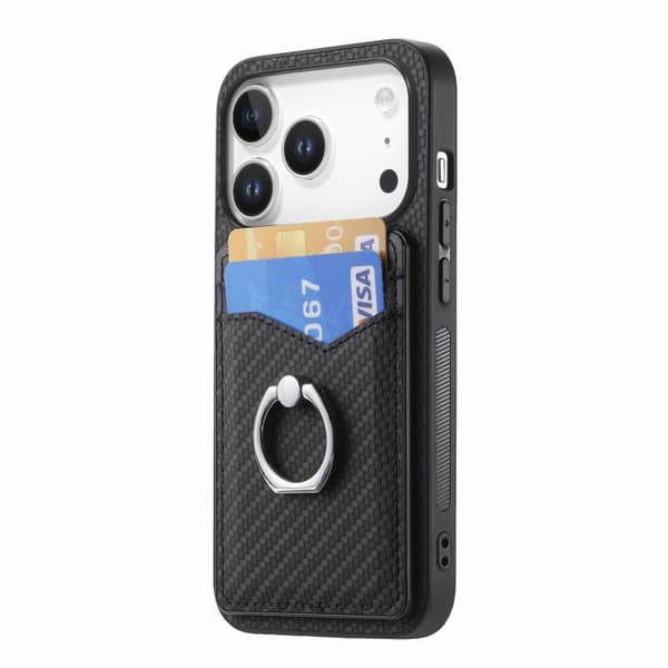 iPhone 18 Pro Max / iPhone 17 Pro Max Skal - Kolfiber med Kortficka och Ring Svart