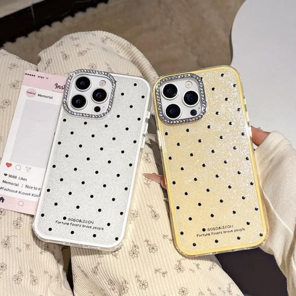 iPhone 16 Pro Max Glittrande Puderprickar Mönster Rhinestone Stort Hål Skal Blå