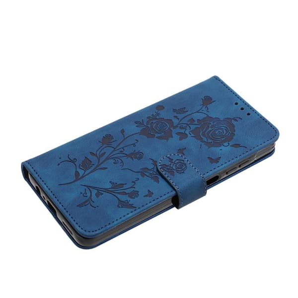 iPhone 18 Pro Max / iPhone 17 Pro Max Skal läderfodral med rosblomma präglad mönster Mörkblå