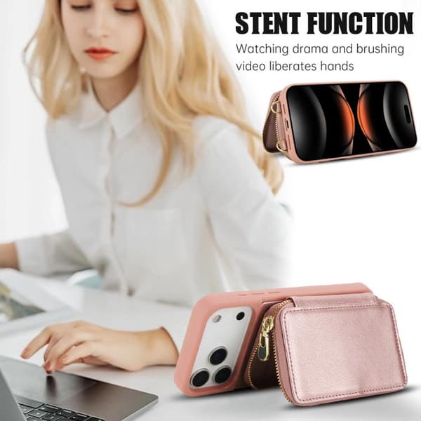 iPhone 18 Pro Max / iPhone 17 Pro Max Skal med Crossbody Dragkedja och RFID Kortficka Roséguld