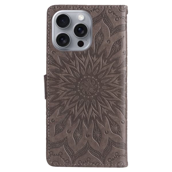 iPhone 16 Pro Max Skal med Präglad Solrosmönster - Elegant Läderfodral Grå