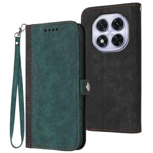 Redmi Note 14 Pro 4G - Sidobuckle Dubbelvikts Handrem Läder fodral Mörkgrön