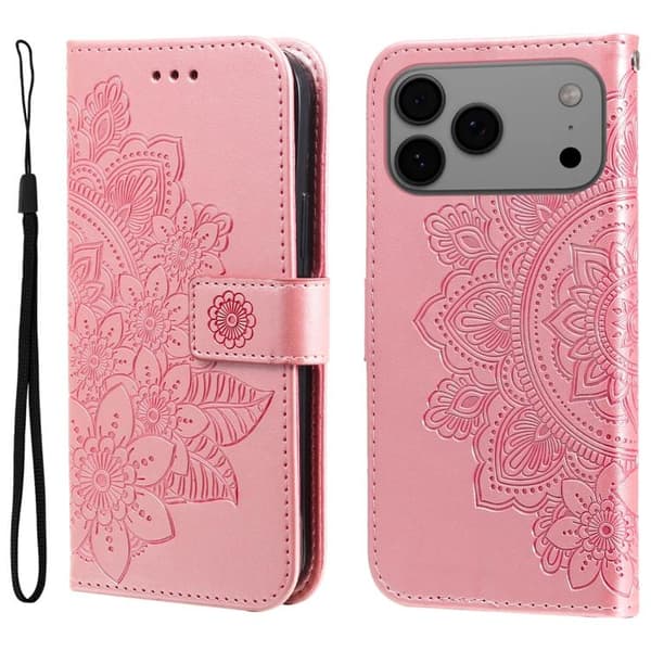 iPhone 18 Pro Max / iPhone 17 Pro Max Skal läderfodral med sju-petal blommor - relief Roséguld