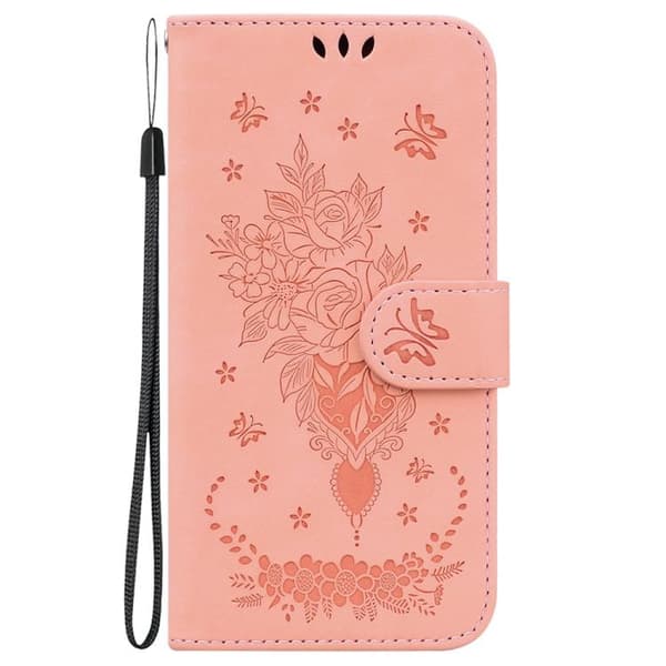 iPhone 18 Pro / iPhone 17 Pro Skal Läderfodral med Embossed Butterfly Rose Rosa