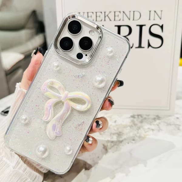 iPhone 16 Pro 3D Båge Pärla Kärlek Blomma Skal Pärlbåge