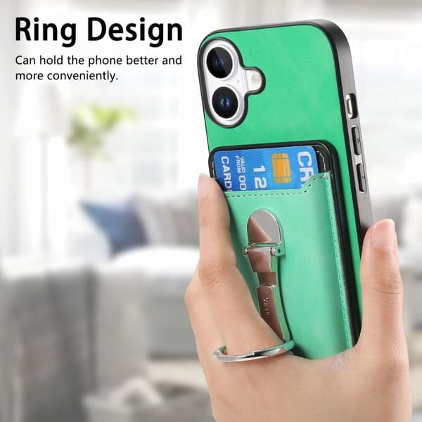 iPhone 17 Skal med Retro Fällbart Ringhållare och Kortfack MagSafe Grön