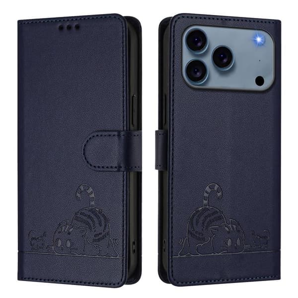 iPhone 18 Pro Max / iPhone 17 Pro Max Skal läderfodral med katt- och råttprägling och lanyard Blå