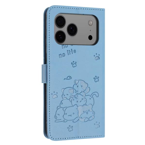 iPhone 18 Pro / iPhone 17 Pro Skal - läder med präglad katt och rem Blå
